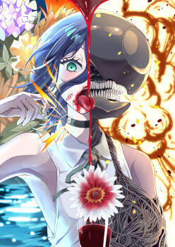 1girl absurdres apron black_apron black_choker black_gloves black_ribbon blood blood_on_face blue_hair bomb_devil_(chainsaw_man) chainsaw_man choker cup dual_persona elbow_gloves explosion explosion_background floral_background gloves green_eyes grenade_pin highres housei_fenoru neck_ribbon reze_(chainsaw_man) ribbon shirt sleeveless sleeveless_shirt split_theme teeth tongue tongue_out water white_shirt