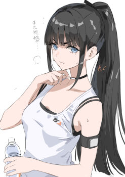 1girl amaya_tsubame armband black_camisole black_choker black_hair blue_eyes blunt_bangs bottle camisole choker collarbone commentary ev_(dai00888) frown gakuen_idolmaster high_ponytail highres holding holding_bottle idolmaster looking_at_viewer mole mole_under_eye parted_lips ponytail sidelocks solo steaming_body sweat tank_top translated upper_body water_bottle white_tank_top wiping_sweat