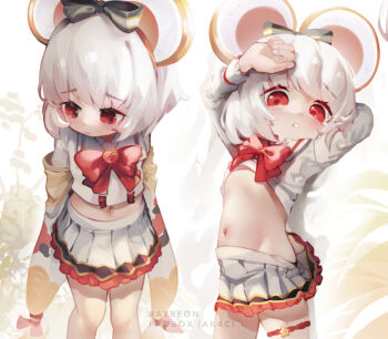 1girl animal_ears arms_up artist_name blush bow bowtie brooch closed_mouth clothes_lift crop_top fake_animal_ears granblue_fantasy hair_bow hairband heart heart_brooch jewelry kani_fish loli long_sleeves looking_at_viewer medium_hair midriff miniskirt mouse_ears multiple_views navel parted_lips pleated_skirt red_bow red_eyes shirt shirt_lift skirt stomach thigh_strap vikala_(granblue_fantasy) white_background white_hair white_shirt white_skirt