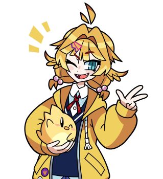 1girl ahoge animal aqua_eyes blonde_hair blue_vest dokibird dokibird_(school_uniform) dragoon_(dokibird) fangs hair_ornament hairclip highres holding holding_animal hood hoodie indie_virtual_youtuber jacket long_sleeves medium_hair one_eye_closed open_clothes open_jacket open_mouth shirt simple_background smile solo spiderccino twintails upper_body v vest virtual_youtuber white_background white_shirt yellow_hoodie