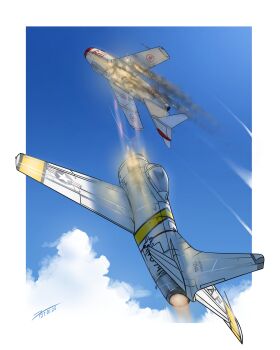 absurdres aerial_battle aircraft airplane ashaxxio battle blue_sky border cloud commentary contrail dated dogfight english_commentary f-86_sabre fighter_jet firing flying highres korean_people's_air_force korean_war mig-15 military_vehicle no_humans original outdoors projectile_trail roundel shot_down signature sky united_states_air_force vehicle_focus white_border