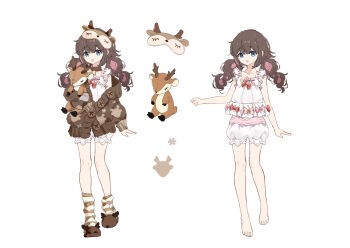 1girl agari_raburi alternate_costume alternate_hairstyle antlers barefoot bloomers blue_eyes brown_hair curly_hair deer horns long_hair looking_at_viewer mask multicolored_hair multiple_views pajamas pink_hair project-sp smile streaked_hair stuffed_animal stuffed_toy twintails underwear virtual_youtuber white_background zhenming