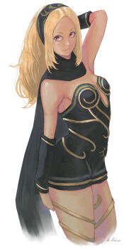 1girl a_ichiro black_scarf blonde_hair breasts closed_mouth dark-skinned_female dark_skin gravity_daze hairband kitten_(gravity_daze) lips long_hair looking_at_viewer red_eyes scarf simple_background smile solo strapless