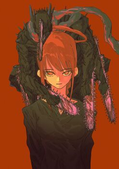 1boy 1girl black_dress blood blood_halo bloody_weapon braid braided_ponytail breasts chainsaw chainsaw_devil chainsaw_man commentary dress extra_arms facing_to_the_side halo highres horns intestine_clothing intestines liquid_halo long_hair long_sleeves looking_at_viewer makima_(chainsaw_man) male_focus no_eyes on_shoulder open_mouth organs red_hair ringed_eyes scarf sharp_teeth sidelocks simple_background symbol-only_commentary teeth uminekomeowmeow weapon yellow_eyes