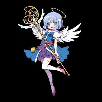 1girl :d angel angel_wings black_background blue_eyes blue_hair blue_shirt blush breasts celesse_(merc_storia) feathered_wings full_body hair_between_eyes hair_ornament halo high_heels holding holding_staff merc_storia merc_storia_art_team off-shoulder_shirt off_shoulder official_art open_mouth pink_shoes puffy_short_sleeves puffy_sleeves purple_skirt shirt shoes short_sleeves sidelocks simple_background skirt small_breasts smile solo staff standing standing_on_one_leg tachi-e thighhighs white_thighhighs white_wings wings