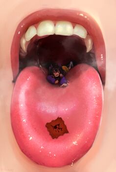 2022 2girls ahoge artist_name blush bob_cut bow card close-up commentary detached_sleeves english_commentary female_focus giant giantess hair_between_eyes heavy_breathing highres lying multiple_girls nose_blush on_stomach onkinky open_mouth original pink_lips puffy_sleeves purple_shirt saliva shirt shorts size_difference socks steam tareme teeth tongue tongue_out upper_teeth_only vore white_socks yellow_shorts