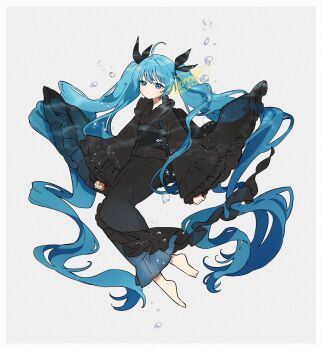 1girl ahoge aqua_eyes aqua_hair barefoot black_kimono commentary_request full_body hair_between_eyes hatsune_miku highres japanese_clothes kimono kitton_(hekiku13) long_hair looking_at_viewer obi sash shinkai_shoujo_(vocaloid) signature sleeves_past_wrists twintails very_long_hair vocaloid