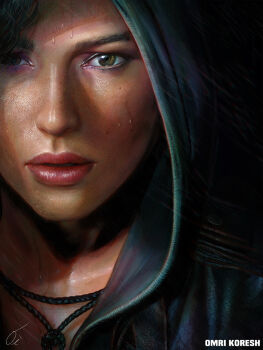 1girl brown_eyes brown_hair female_focus hood jewelry lara_croft lips long_hair looking_at_viewer necklace omri_koresh rain realistic solo tomb_raider tomb_raider_(reboot) watermark wet