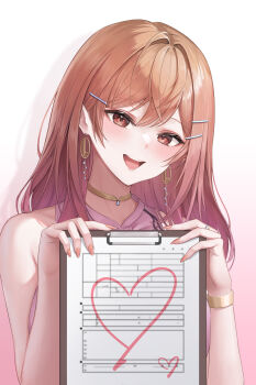 1girl :d absurdres ahoge bracelet clipboard commentary earrings gold_choker gradient_hair hair_ornament hairclip highres holding holding_clipboard hololive hololive_dev_is ichijou_ririka ichijou_ririka_(1st_costume) jewelry long_hair looking_at_viewer multicolored_hair open_mouth orange_eyes orange_hair pink_hair pink_shirt shirt sleeveless sleeveless_shirt smile solo steelball_(jwk76806995) swept_bangs teeth upper_teeth_only virtual_youtuber