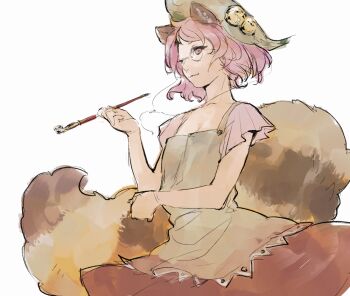 1girl animal_ears asakura_noi bell brown_eyes brown_hair female_focus flat_chest futatsuiwa_mamizou glasses kiseru leaf_hat looking_at_viewer one_eye_closed raccoon_ears raccoon_tail short_hair skirt smile smoking_pipe solo tail touhou white_background