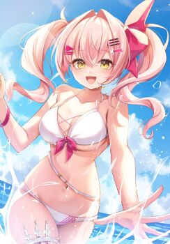 1girl bare_shoulders bikini blue_sky breasts cleavage cloud collarbone commentary commission english_commentary hair_ornament hair_ribbon hairclip highres holster indie_virtual_youtuber large_breasts long_hair minaton miyagi_ratona navel open_mouth pink_hair red_ribbon ribbon second-party_source sky solo splashing swimsuit syringe syringe_holster thigh_holster twintails virtual_youtuber water white_bikini yellow_eyes