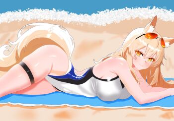 1girl animal_ear_fluff animal_ears arknights black_one-piece_swimsuit blonde_hair blue_one-piece_swimsuit breasts closed_mouth commentary_request cowboy_shot eyewear_on_head hair_between_eyes highres large_breasts light_blush long_hair looking_at_viewer lying nearl_(arknights) one-piece_swimsuit orange-tinted_eyewear sgt_syunkai2_(myyards) sketch_background smile solo swimsuit tail thigh_strap tinted_eyewear white_one-piece_swimsuit yellow_eyes yellow_tail