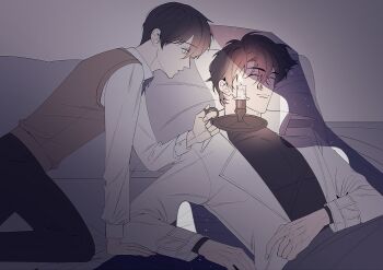 Rule 34 | 2boys, black hair, black shirt, candlestand, cloak, closed eyes, coat, commentary, curtained hair, english commentary, glowing, head on pillow, highres, holding candlestand, hood, hood up, hooded cloak, imgeun, kim dokja, male focus, multiple boys, oldest dream, omniscient reader's viewpoint, open clothes, open coat, pillow, secretive plotter, see-through cloak, shirt, short hair, starry sky print, vest, white coat, white shirt, yellow vest, yoo joonghyuk