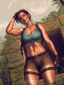1girl artist_name belt blue_tank_top breasts brown_belt brown_eyes brown_gloves brown_hair brown_shorts cropped_shirt day fingerless_gloves gloves grey_sky hand_on_own_head jewelry krystopher_decker lara_croft long_hair looking_at_viewer medium_breasts midriff navel necklace outdoors palm_tree patreon_username ponytail ruins short_shorts shorts signature sky solo tank_top thigh_strap tomb_raider toned tree watermark web_address