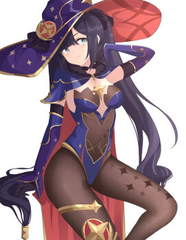 1girl aqua_eyes beijiushui black_gloves black_hair black_pantyhose breasts capelet cleavage commentary detached_sleeves fur-trimmed_capelet fur_trim genshin_impact gloves hand_in_own_hair hat highres invisible_chair jewelry leotard long_hair looking_at_viewer mona_(genshin_impact) pantyhose print_pantyhose purple_capelet purple_hat purple_leotard simple_background sitting solo thighlet thighs twintails untranslatable_commentary white_background witch_hat