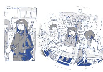 4boys 5girls araya_(project_moon) backpack bad_tag bag blush classroom closed_eyes crossed_arms desk greyscale hands_in_pockets highres indoors jacket japanese_clothes kampuzu kimono limbus_company low_twintails monochrome mother_and_daughter multiple_boys multiple_girls open_mouth people project_moon randoseru ryoshu_(project_moon) school smile track_jacket twintails