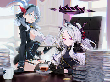 2girls :d ahoge ako_(blue_archive) bell belt black_coat black_gloves black_skirt black_thighhighs blue_archive blue_eyes blue_hair blue_halo blurry breasts buttons chair coat coat_on_shoulders coffee coffee_mug collar commentary cowboy_shot cup curtains demon_girl demon_horns depth_of_field desk director's_chair english_commentary eudetenis folding_chair forehead fur-trimmed_coat fur_trim garter_straps gehenna_academy_logo gloves hair_between_eyes hair_ornament hairband hairclip halo highres hina_(blue_archive) holding holding_cup holding_tray horns indoors long_hair long_sleeves looking_at_another looking_at_viewer military_uniform miniskirt mug multicolored_halo multiple_girls neck_bell open_clothes open_coat open_mouth paper_stack parted_bangs parted_lips pencil_skirt purple_eyes purple_halo relaxing ribbon sam_browne_belt sideboob sidelocks sitting skirt smile steam teacup teapot thighhighs tray two-tone_halo upper_body wavy_hair white_hair window