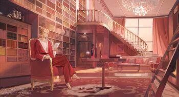 1other absurdres barefoot blonde_hair book bookshelf chair chandelier commission couch crossed_legs cup curtains drinking_glass full_body highres holding holding_book jewelry lounge_chair ma_someru model_ship necklace original pink_theme pov reading red_robe robe rug shirt sitting solo table undershirt white_shirt window_light wine_glass yellow_eyes