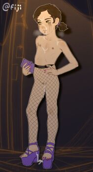 1girl after_fellatio after_vaginal aftersex bag barbell_piercing brown_eyes brown_hair cellphone clementine_(the_walking_dead) clitoris_piercing cum cum_in_mouth cum_on_body cumdrip facial fiji_(artist) fingernails fishnet_pantyhose fishnets flat_chest full_body hand_on_own_hip high-waist_pantyhose high_heels holding holding_phone loli makeup nail_polish nipple_bar nipple_piercing nipples no_panties pantyhose phone piercing pink_nails platform_heels purple_nails pussy pussy_piercing runny_makeup sandals short_hair short_twintails smartphone solo standing the_walking_dead the_walking_dead_(game) toenail_polish toenails toes topless twintails uncensored yellow_eyes