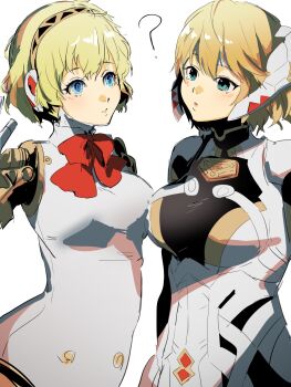 2girls 4me3ba_niku ? aigis_(persona) aqua_eyes blonde_hair blue_eyes commentary fiora_(xenoblade) headset highres joints looking_at_another mecha-fiora multiple_girls persona persona_3 robot_girl robot_joints short_hair simple_background symbol-only_commentary white_background xenoblade_chronicles_(series) xenoblade_chronicles_1