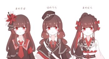 Rule 34 | 1girl, black capelet, black hair, black shirt, blunt bangs, bow, braid, capelet, closed mouth, collared shirt, commentary request, copyright name, earrings, flower, hair bow, hair flower, hair ornament, haishin shoujo no uraaka meikyuu, hat, highres, jewelry, kumanoko963, long hair, long sleeves, looking at viewer, mahou shoujo no inshuu mura, mahou shoujo no majo saiban, multiple views, necktie, nikaido hiro, official alternate costume, official alternate hairstyle, peaked cap, ponytail, red eyes, red flower, red necktie, shirt, sidelocks, simple background, translation request, twin braids, upper body, variations, white background