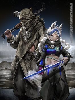 1boy 1girl animal_ears arclight_(arknights) arknights arknights:_endfield black_pants blue_eyes blue_hair braid closed_mouth commentary english_text feet_out_of_frame full_body gloves gun highres holding holding_gun holding_sword holding_weapon horse_ears lliftt long_hair long_sleeves looking_at_viewer multicolored_hair navel pants single_glove standing stomach streaked_hair sword weapon white_hair