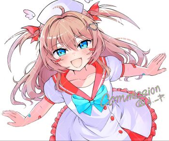 1girl ahoge aqua_bow aqua_bowtie bandaid bandaid_on_arm blue_eyes blush_stickers bow bowtie brown_hair collarbone commentary commission cowboy_shot detached_wings dora_pomidora7 dress dutch_angle english_commentary hair_between_eyes hair_ornament hair_ribbon hat heart heart_hair_ornament long_hair looking_at_viewer neuro-sama nurse nurse_cap open_mouth red_ribbon red_sailor_collar ribbon sailor_collar short_sleeves simple_background solo two_side_up vedal_ai virtual_youtuber white_background white_dress white_wings wings