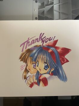 1990s_(style) 2girls ainu_clothes artist_name blue_eyes blue_hair brown_hair dated dual_persona english_text fingerless_gloves gloves hair_ribbon highres holding_hands long_hair looking_at_viewer multiple_girls murasaki_nakoruru nakoruru nanase_aoi open_mouth purple_eyes retro_artstyle ribbon samurai_spirits smile snk tpnatta09 traditional_media