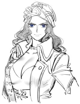 1girl blue_eyes choker closed_mouth coat collared_coat commentary corset greyscale headscarf light_smile long_hair long_sleeves looking_at_viewer monochrome nico_robin one_piece one_piece_film:_red open_clothes open_coat raine_(acke2445) solo swimsuit upper_body