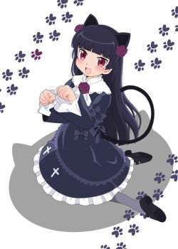 Rule 34 | animal ears, ascot, black hair, black jacket, black shoes, black skirt, bow, cat ears, cat tail, collar, cross, flower, frilled collar, frilled skirt, frills, gokou ruri, gothic lolita, grey pantyhose, hime cut, jacket, kneeling, latin cross, lolita fashion, mary janes, mole, mole under eye, open mouth, ore no imouto ga konna ni kawaii wake ga nai, pantyhose, paw pose, paw print, red eyes, rose, shoes, skirt, smile, tail, warudarake, white ascot, white background
