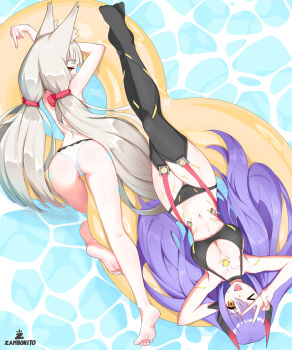 >_o 2girls :d absurdres animal_ear_fluff animal_ears artist_name ass barefoot bikini black_bikini black_thighhighs blonde_hair breasts commentary english_commentary hair_spread_out hand_up highres large_breasts long_hair looking_at_viewer low_twintails lying middle_finger multiple_girls navel nia_(xenoblade) on_back on_innertube on_stomach one_eye_closed open_mouth poppi_(xenoblade) purple_hair red_rope rope smile stomach swimsuit thighhighs toes twintails v v_over_head very_long_hair water white_bikini xenoblade_chronicles_(series) xenoblade_chronicles_2 yellow_eyes zambonito