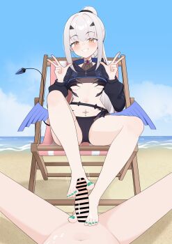Rule 34 | 1girl, barefoot, beach, blush, censored, chair, clothed female nude male, cum, double v, fate/grand order, fate (series), feet, footjob, grin, highres, long hair, lounge chair, melusine (fate), melusine (swimsuit ruler) (fate), nude, ponytail, smile, toes, v, white hair, wl217 (nicexa111), yellow eyes