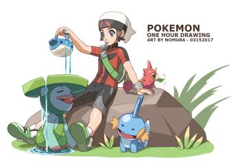 Rule 34 | 1boy, artist name, backpack, bag, black flute (pokemon), black shorts, brendan (pokemon), brown hair, closed eyes, commentary request, copyright name, dated, eating, fingernails, flute, gen 3 pokemon, grass, green bag, grey eyes, holding, holding watering can, instrument, leaf in mouth, lombre, male focus, motion lines, mudkip, nintendo, nomura (arumon), on rock, one-hour drawing challenge, open mouth, pokemon, pokemon (creature), pokemon oras, red shirt, rock, shirt, shoes, short hair, short sleeves, shorts, simple background, sitting, smile, wailmer, wailmer pail, water, watering, watering can, white background, white hair, white shoes, wurmple
