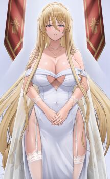 1girl absurdres alternate_costume azur_lane bare_shoulders bismarck_(azur_lane) blonde_hair blue_eyes blush breasts cleavage cleavage_cutout clothing_cutout commentary cross cross_necklace dress fie_nanoo from_below garter_straps highres imperial_german_flag iron_blood_(emblem) iron_cross jewelry large_breasts long_hair necklace off_shoulder parted_lips pelvic_curtain ring solo standing thighhighs tiara very_long_hair wedding_dress