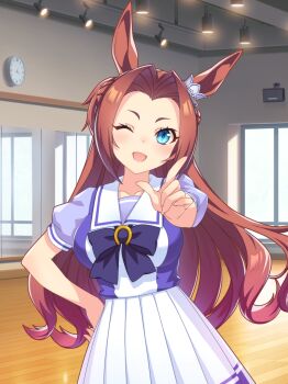 1girl absurdres analog_clock animal_ears artist_request bare_arms blue_bow blue_bowtie blue_eyes blue_shirt bow bowtie breasts brooch brown_hair clock collarbone cowboy_shot dance_studio day dot_nose ear_ornament eyelashes forehead full-length_mirror game_cg hand_on_own_hip happy high-waist_skirt highres horse_ears horse_girl horseshoe_ornament indoors jewelry kawakami_princess_(umamusume) large_breasts light_blush long_hair looking_at_viewer mirror official_art one_eye_closed open_mouth pleated_skirt pointing pointing_at_viewer puffy_short_sleeves puffy_sleeves school_uniform shirt short_sleeves skirt smile solo stage_lights standing tracen_school_uniform tsurime two-tone_shirt umamusume very_long_hair wavy_hair white_shirt white_skirt window wooden_floor