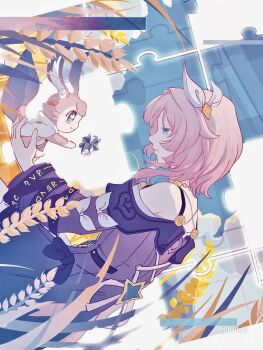 1girl animal_ears animal_hands artist_name blue_eyes bow chinese_commentary coat commentary_request cyrene_(honkai:_star_rail) cyrene_(philia093)_(honkai:_star_rail) hair_ornament heluo highres holding honkai:_star_rail honkai_(series) jewelry medium_hair mem_(honkai:_star_rail) necklace off_shoulder pink_fur pink_hair purple_coat puzzle_piece ribbon star-shaped_pupils star_(symbol) symbol-shaped_pupils tail wheat