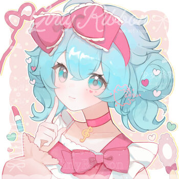 1girl absurdres alternate_hair_length alternate_hairstyle blue_eyes blue_hair blush bow bow_hairband choker closed_mouth cosmetics double-parted_bangs double_bun gaga_(user_ynuk5738) hair_between_eyes hair_bun hairband hand_up hatsune_miku highres lipstick_tube long_sleeves looking_at_viewer medium_hair pink_background pink_bow pink_choker pink_hairband polka_dot polka_dot_background portrait smile solo treble_clef vocaloid watermark