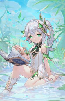 1girl bare_shoulders book dress elf genshin_impact green_eyes hair_ornament highres nahida_(genshin_impact) nature outdoors pointy_ears pond ponytail reading symbol-shaped_pupils toeless_footwear water white_dress white_hair wtk