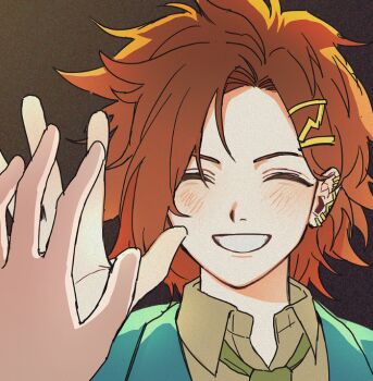 1boy bad_id bad_twitter_id black_background blue_jacket brown_hair closed_eyes collared_shirt commentary_request earclip facing_viewer green_necktie green_shirt hair_ornament hairclip hand_up jacket kimi_ga_shine korean_commentary male_focus necktie photo-referenced reaching reaching_towards_viewer school_uniform shirt short_hair simple_background smile solo_focus sonobeno_high_school_uniform tazuna_joe teeth yp_(pypy_5_)