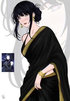 1girl aged_up artist_logo asian_indian_clothes black_hair black_shirt bracelet chococurrent choppy_bangs commentary cowboy_shot earrings eyelashes facing_to_the_side gold_bracelet highres hyuuga_hinata indian_clothes jewelry light_blush logo long_sidelocks looking_at_viewer midriff_peek multiple_bracelets naruto_(series) purple_eyes reference_inset sari shirt sidelocks simple_background single_bare_shoulder standing untranslatable_commentary updo white_background