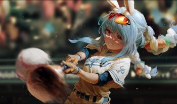 1girl art_study baseball baseball_bat baseball_uniform blue_hair blurry blurry_background braid carrot_hair_ornament food-themed_hair_ornament gloves grin hair_ornament highres hololive kokono_ka los_angeles_dodgers motion_blur orange_eyes rabbit_girl rabbit_tail smile solo sportswear sunglasses swinging_baseball_bat tail upper_body usada_pekora virtual_youtuber