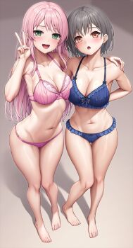2girls arms_behind_back bang_dream! bang_dream!_it&#039;s_mygo!!!!! blue_bra blue_panties blush bra breast_press breasts brown_eyes chihaya_anon cleavage collarbone commentary green_eyes grey_hair hand_on_another&#039;s_shoulder lambda_(kusowarota) large_breasts long_hair multiple_girls navel open_mouth panties pink_bra pink_hair pink_panties short_hair stomach symbol-only_commentary takamatsu_tomori underwear underwear_only v