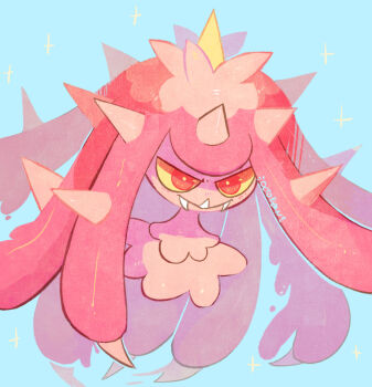 Rule 34 | alternate color, artist name, blue background, colored sclera, fangs, fauxpapillon, gen 7 pokemon, highres, mareanie, nintendo, no humans, pokemon, pokemon (creature), red eyes, shiny pokemon, simple background, solo, sparkle, spikes, yellow sclera