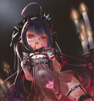 1girl absurdres aged_down antenna_hair babydoll bandaid bandaid_on_arm bandaid_on_face bandaid_on_nose bikini black_babydoll black_bikini black_gloves blood blood_in_mouth blurry blurry_background blush breasts covered_erect_nipples cowboy_shot drinking drinking_blood eyebrows eyelashes fake_horns fangs female_focus fingernails gloves grabbing_own_breast half_gloves hands_up harness heart heart_o-ring highleg highleg_bikini highres horns indie_virtual_youtuber indoors loli long_hair looking_at_viewer maid_headdress mesugaki naughty_face navel nekomancer03 nose o-ring o-ring_harness o-ring_strap open_mouth purple_hair red_eyes small_breasts smug solo standing swimsuit thigh_strap tongue twintails vampire variant_set virtual_youtuber yamu_rozenheart