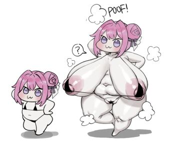 1girl :3 ? bikini blush breasts chibi creature doro_(nikke) dual_persona fat fat_woman goddess_of_victory:_nikke hair_bun huge_breasts jianpan_xiafang_de_da_kongge large_areolae micro_bikini navel pink_hair plump purple_eyes simple_background spoken_question_mark steam steaming_body swimsuit white_background