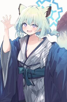 1girl :d absurdres animal_ears bath_yukata blue_archive blue_halo blue_haori blush breasts cleavage collarbone commentary cowboy_shot extra_ears green_hair halo hand_up haori haori_himo happy highres japanese_clothes kimono looking_at_viewer low_twintails medium_hair official_alternate_costume official_alternate_hairstyle open_mouth outstretched_hand purple_eyes shigure_(blue_archive) shigure_(hot_spring)_(blue_archive) simple_background smile solo sonoji tail tail_raised twintails waving weasel_ears weasel_girl weasel_tail white_background yagasuri yukata
