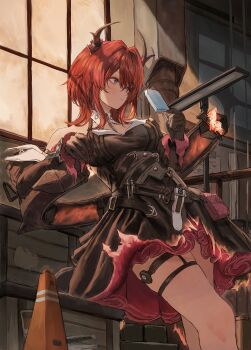 1girl absurdres arknights arknights:_endfield belt belt_bag black_belt black_dress black_gloves black_horns closed_mouth cowboy_shot curled_horns demon_horns dress food gloves gold_can highres holding holding_food holding_popsicle horns indoors laevatein_(arknights) legwear_garter medium_hair popsicle purple_eyes red_hair solo strapless strapless_dress surtr_(arknights) traffic_cone weapon window wooden_box