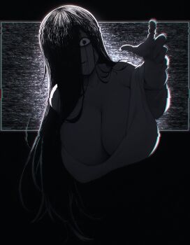 1girl black_hair breasts facing_viewer hair_over_one_eye hanging_breasts highres huge_breasts long_hair looking_at_viewer outstretched_hand solo static television the_ring unsfrau upper_body wide-eyed yamamura_sadako