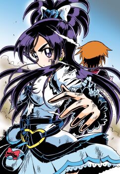 2girls battle_damage bow cel_shading cure_black cure_white dirty dress dust_cloud foreshortening frilled_dress frills from_side futari_wa_precure futari_wa_precure_max_heart hand_up heart high_ponytail highres long_hair magical_girl misumi_nagisa multiple_girls orange_hair ponytail pouch precure puffy_sleeves purple_eyes purple_hair short_hair torn_clothes wakabayashi_makoto white_dress yukishiro_honoka