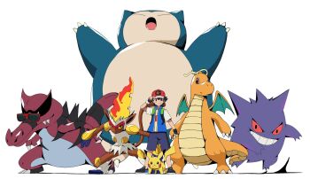 1boy ash_ketchum black_hair closed_eyes colored_sclera dragonite fangs gen_1_pokemon gen_4_pokemon gen_5_pokemon gengar grin hat highres infernape jacket krookodile nintendo pikachu pokemon pokemon_(anime) pokemon_(classic_anime) psaber97 red_sclera smile snorlax standing sunglasses wings